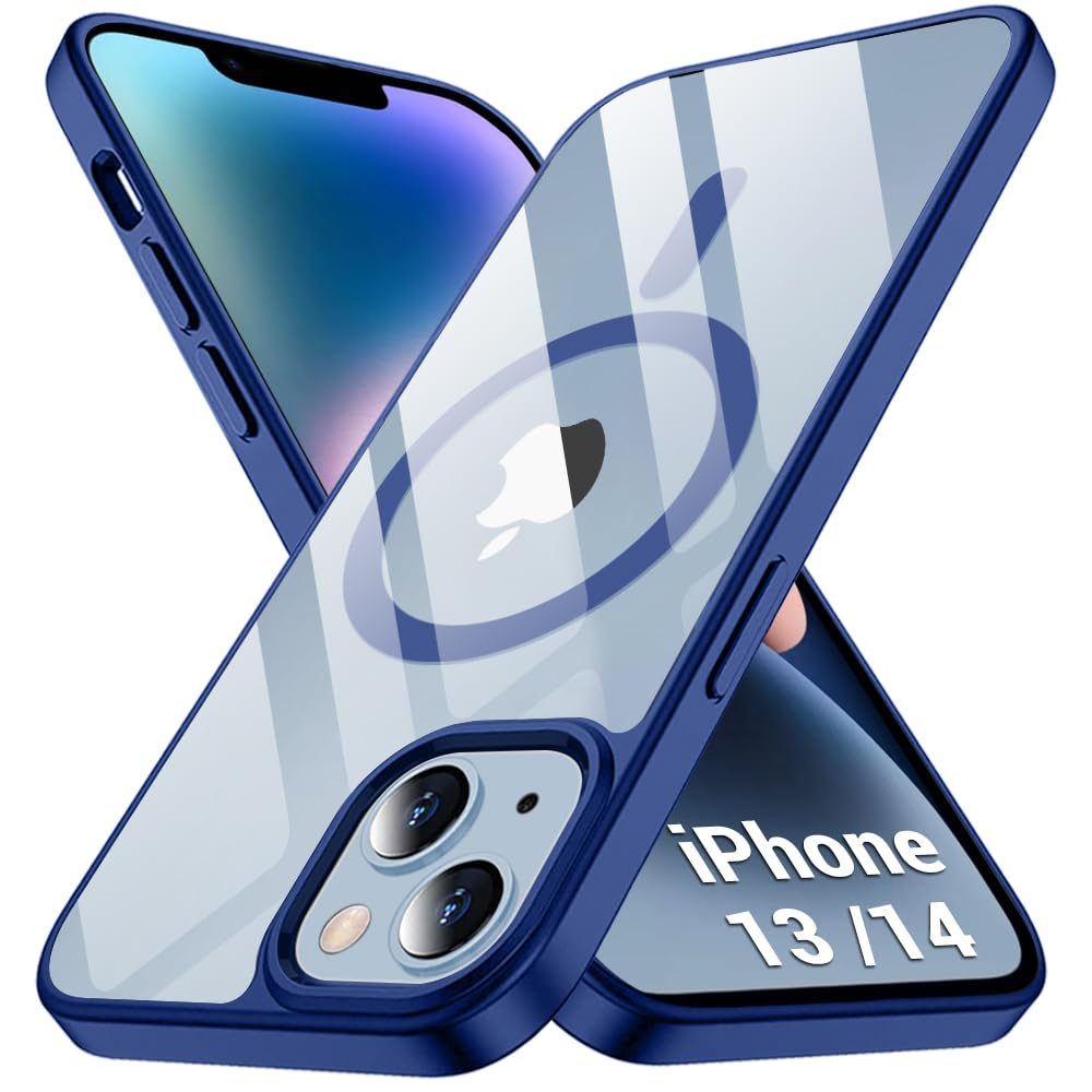 TheGiftKart Ultra-Hybrid Back Cover Case for iPhone 13 / iPhone 14 Compatible with MagSafe | Camera Protection | Crystal Clear Transparent Back Cover for iPhone 13 / iPhone 14 (PC & TPU, Blue Bumper)