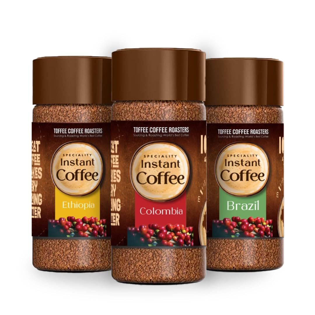 Toffee Coffee Roasters|Assorted Speciality Instant Coffee(Brazil|Colombia|Ethiopia)|As Seen On Shark Tank|Arabica|Ready In Seconds|Microground Technology|Size – 100 Gm Each – Jar
