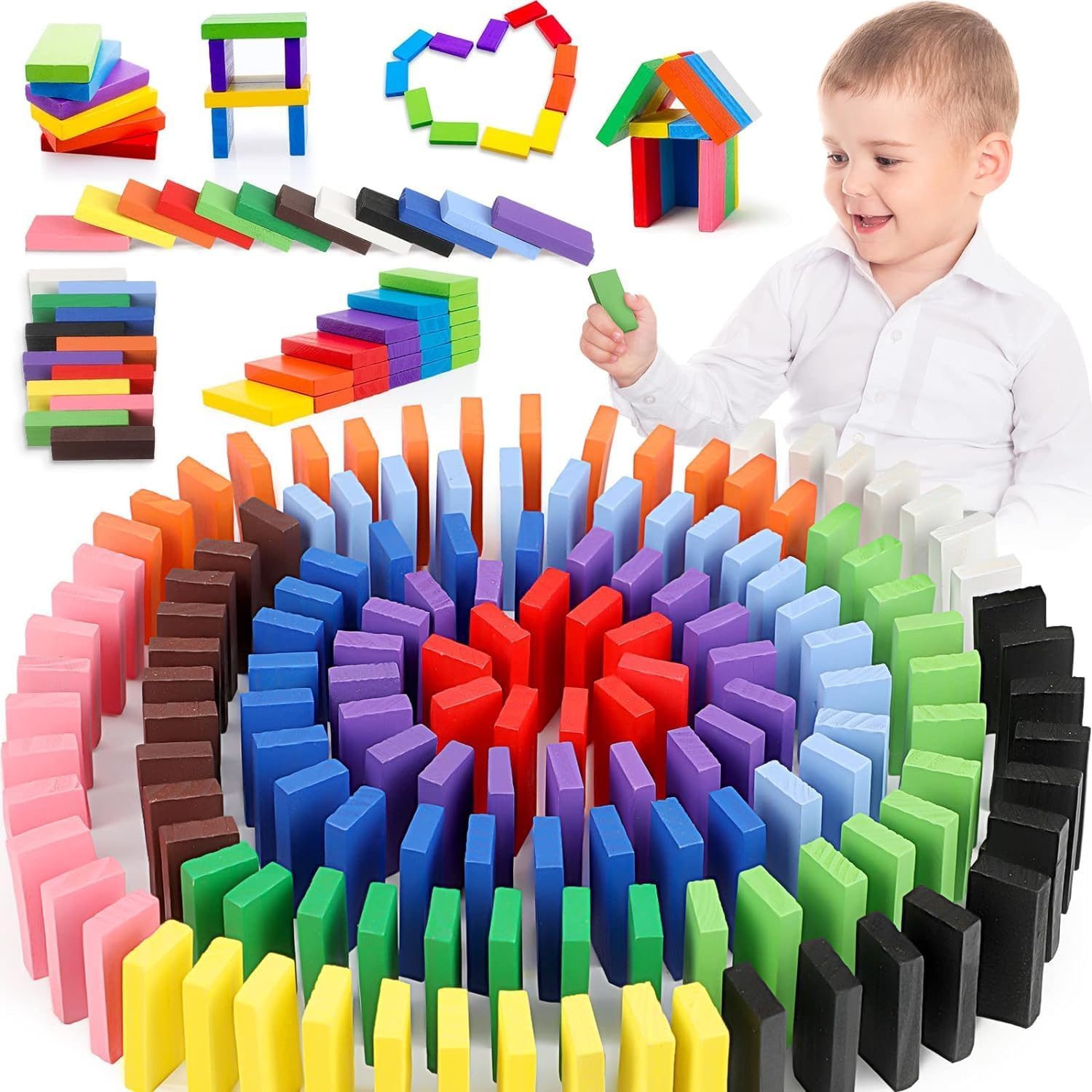 Toy Imagine™ 240 Pcs Wooden Domino Blocks Set for Kids – Educational Building Blocks in 12 Bright Colors – Toys for Boys & Girls Ages 2-5 Years – Skill Development, Stacking & Color Recognition