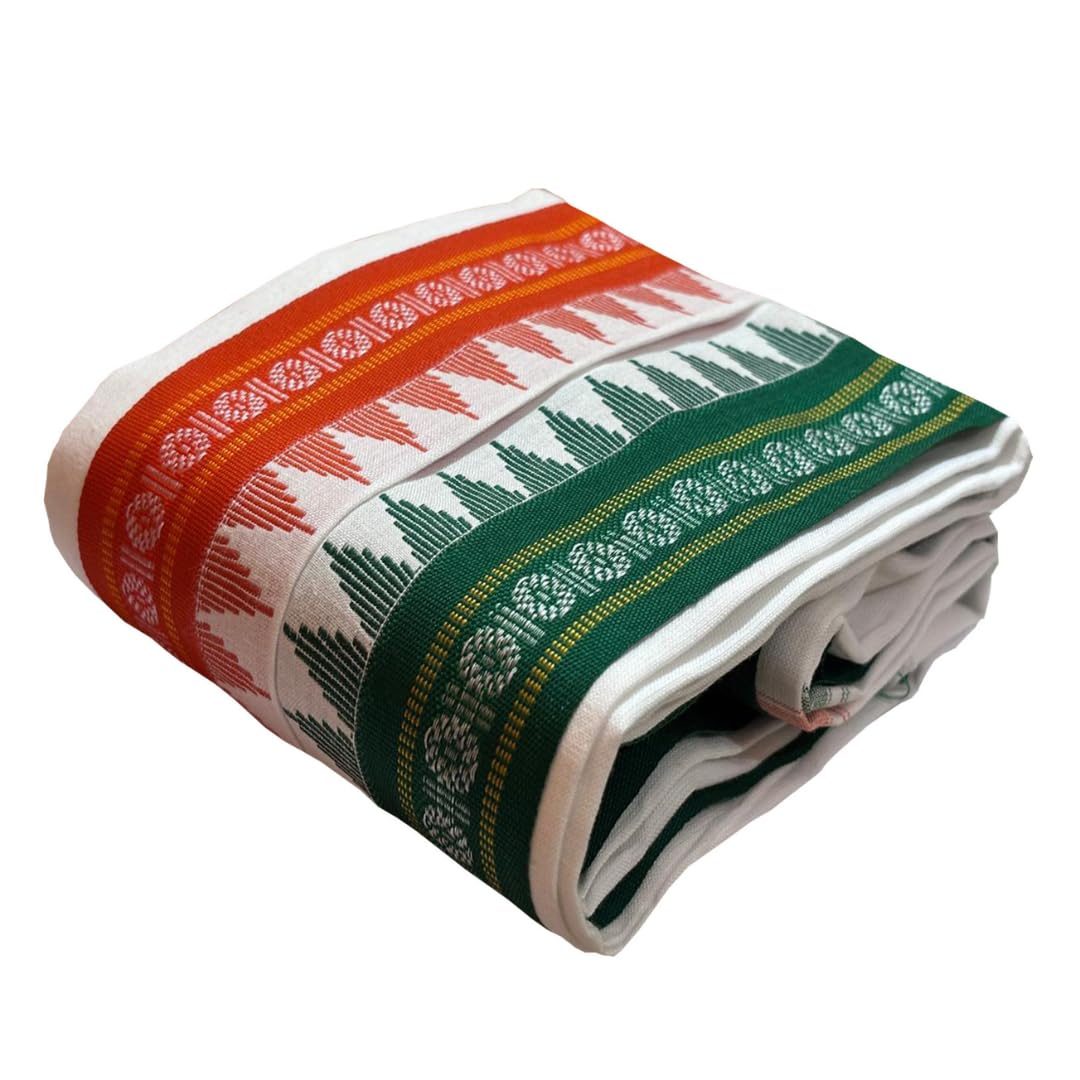 Traditional Handloom Cotton Bath Towel Gamcha, White with Orange and Green Border Design, Full Size