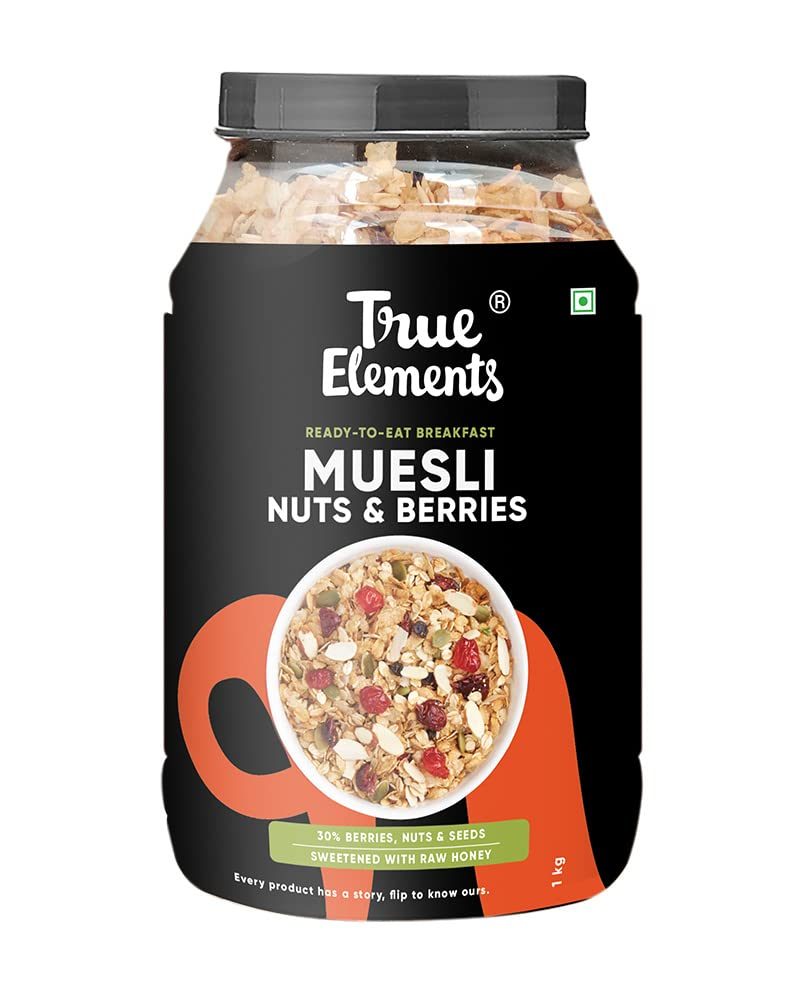 True Elements Crunchy Nuts & Berries Muesli 1kg | Cereal for Breakfast | Diet Food | No Malt extract, Corn flakes or grain flour | No Sugar Candied Fruits | Has Almonds & Cranberries | Healthy breakfast