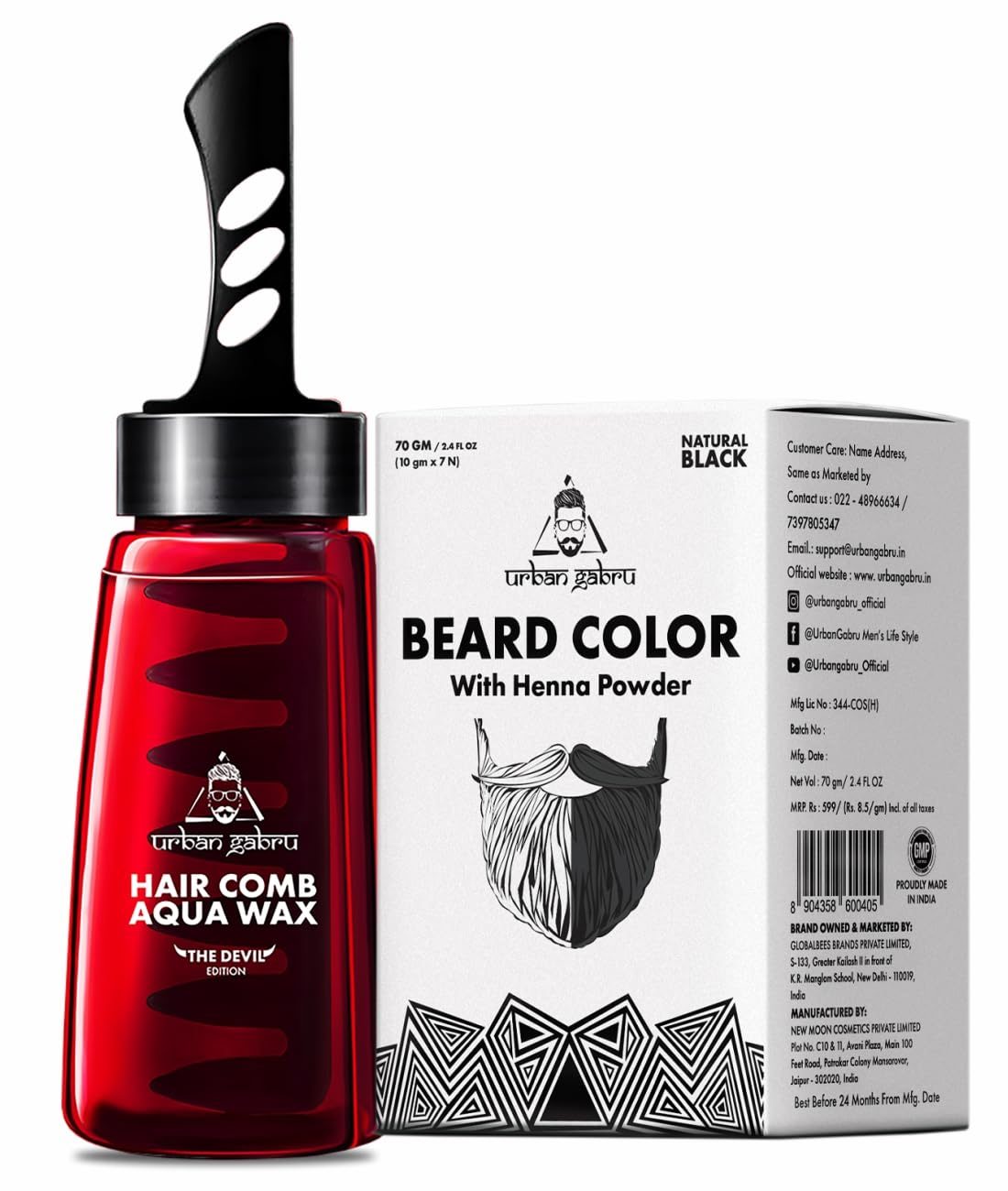 Urbangabru Hair Comb Aqua Wax – The Devil Edition – 260 ML & Beard Colour with Heena Powder 70 GM – Men’s Grooming Combo Kit