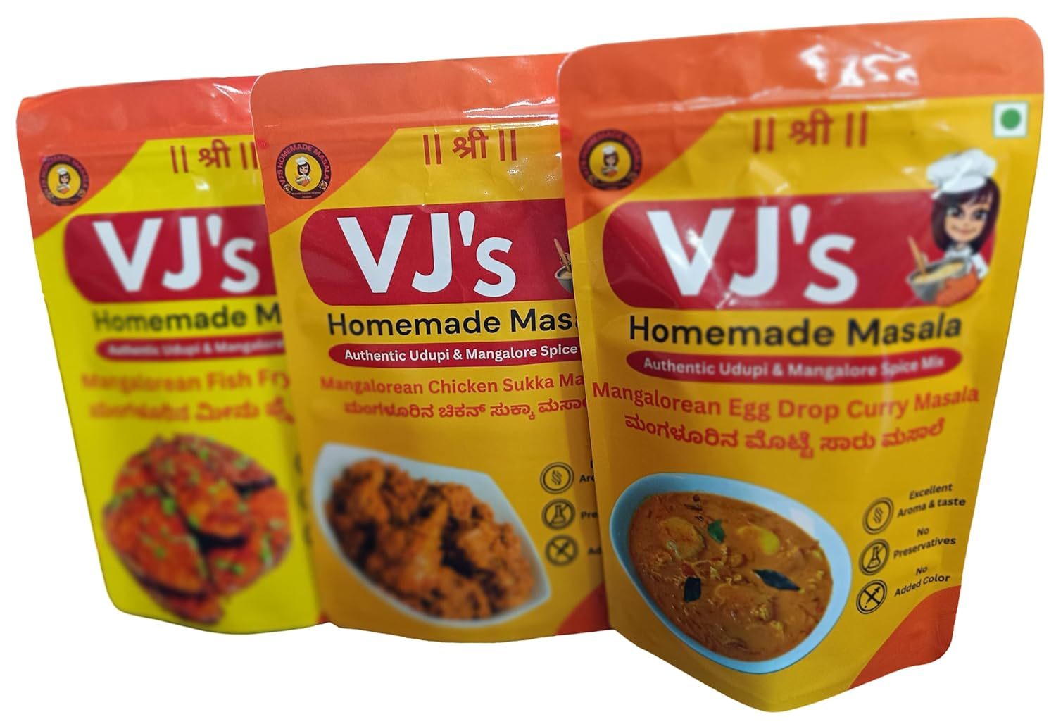 VJS Homemade Masala | Mangalorean Egg Drop Curry Masala + Mangalorean Chicken Sukka Masala + Mangalorean Fish Fry Masala | 600 grams (Pack of 3, Each 200gm), Zip Lock Pack