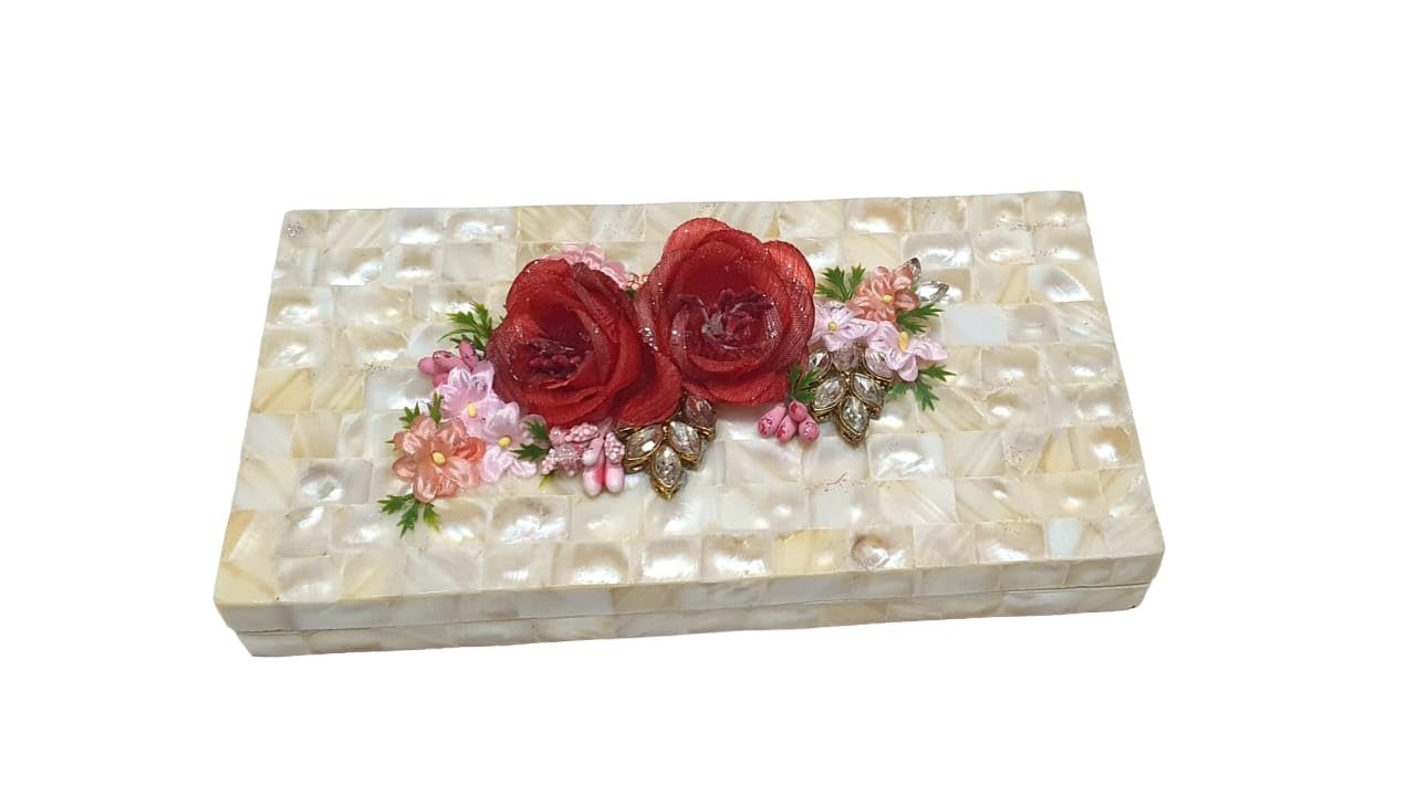 Vibhawari BOUTIQUE-Mother of Pearl Gaddi Box/Cash Box/Jewelry Box With Multicolor Flowers Adorned With Stone Brooch (7.5 x 4 x1.1 Inch)