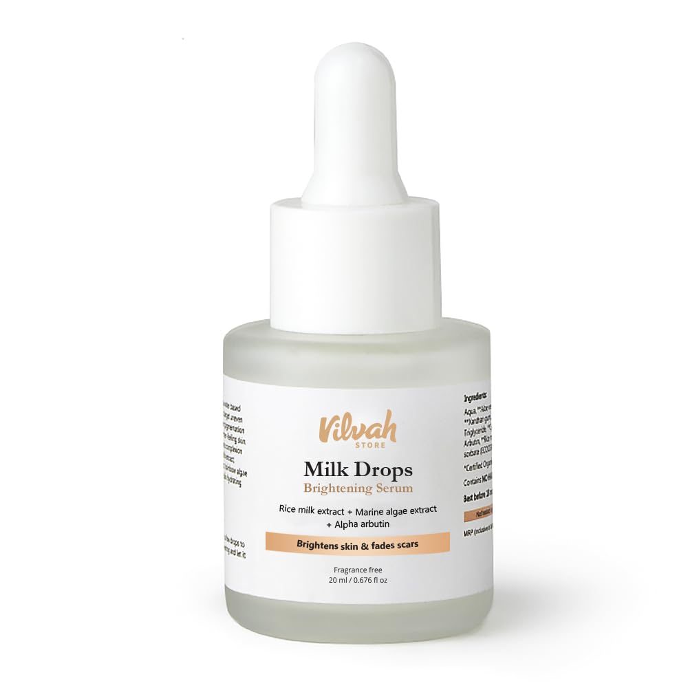 Vilvah Store Milk Drops Brightening Serum Formulated With Rice Milk Extract, Marine Algae Extract, Alpha Arbutin, Fades Scars, Brightens Skin & Even Skin Tone For All Skin Type, 20ml