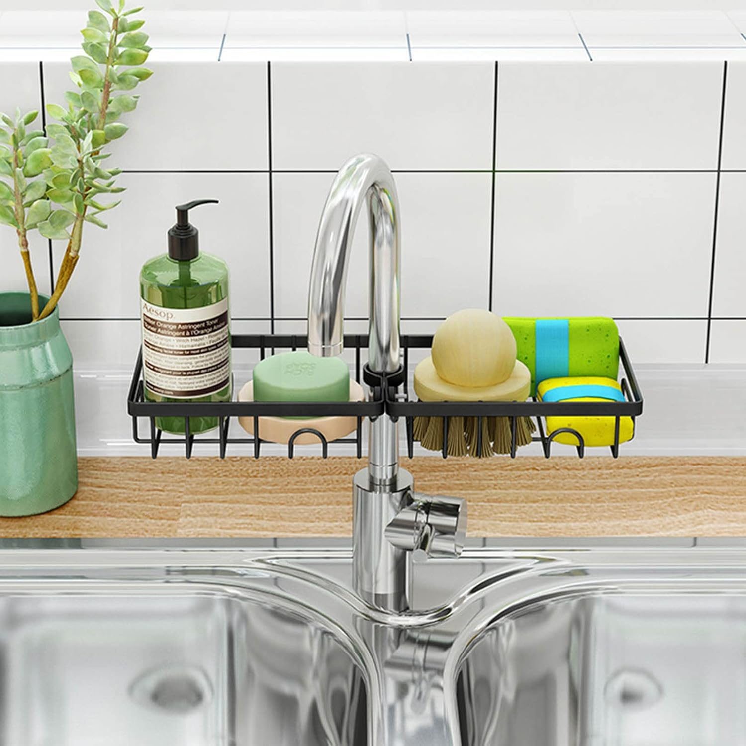 Voxmix 2 Pcs Faucet Storage Soap Sponge Dish Hanging Holder Metal Sink Caddy Organizer Drainer Clamp Rack for Kitchen Bathroom Tap Rack – Metal,22 X 10 X 7 CM, Black