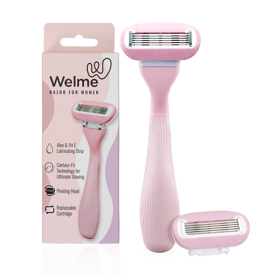 Welme Hair Removal 5 Sweden Steel Blade Razor for Women with Aloe & Vit E Lubricating Strip | Best Reusable Razor for Shaving Private Parts, Face & Pubic Area | Pivoting Head | 1 Extra Cartridge | Contour–fit Technology for Ultimate Shaving | No Bumps, No Cuts | Ideal for All Skin Types (Pink)