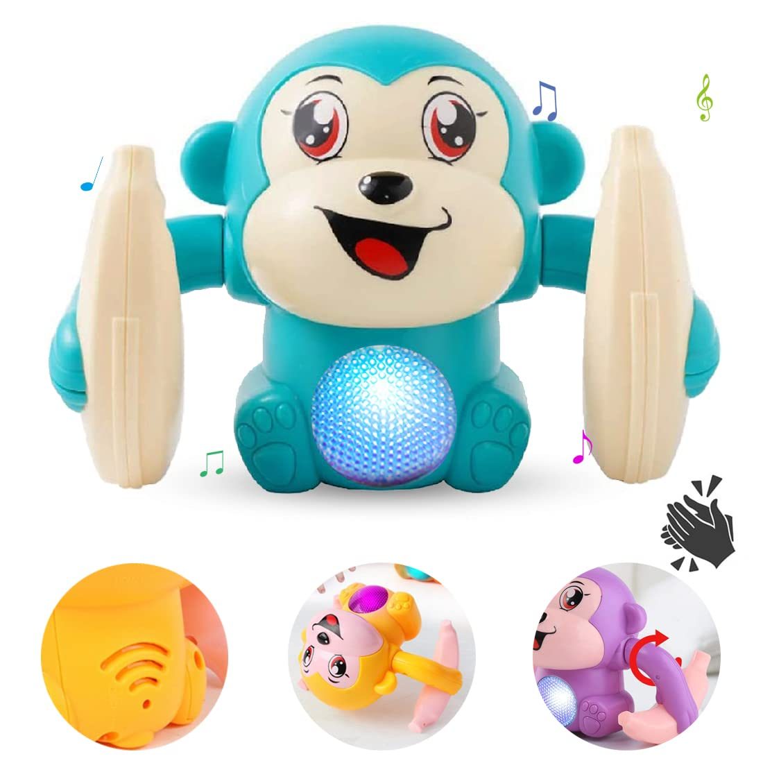 Wembley Dancing Monkey Musical Toy for Kids Baby Spinning Rolling Doll Tumble Toy with Voice Control Musical Light and Sound Effects with Sensor – ISI Mark – Multicolor