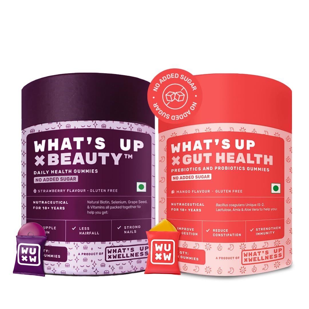 What’s Up Wellness Beauty & Gut Health Combo | Natural Biotin for Strong Hair, Vitamin A, B6, and C for Bright Skin + Prebiotics & Probiotics Supplement for Digestion, Constipation Relief & Immunity