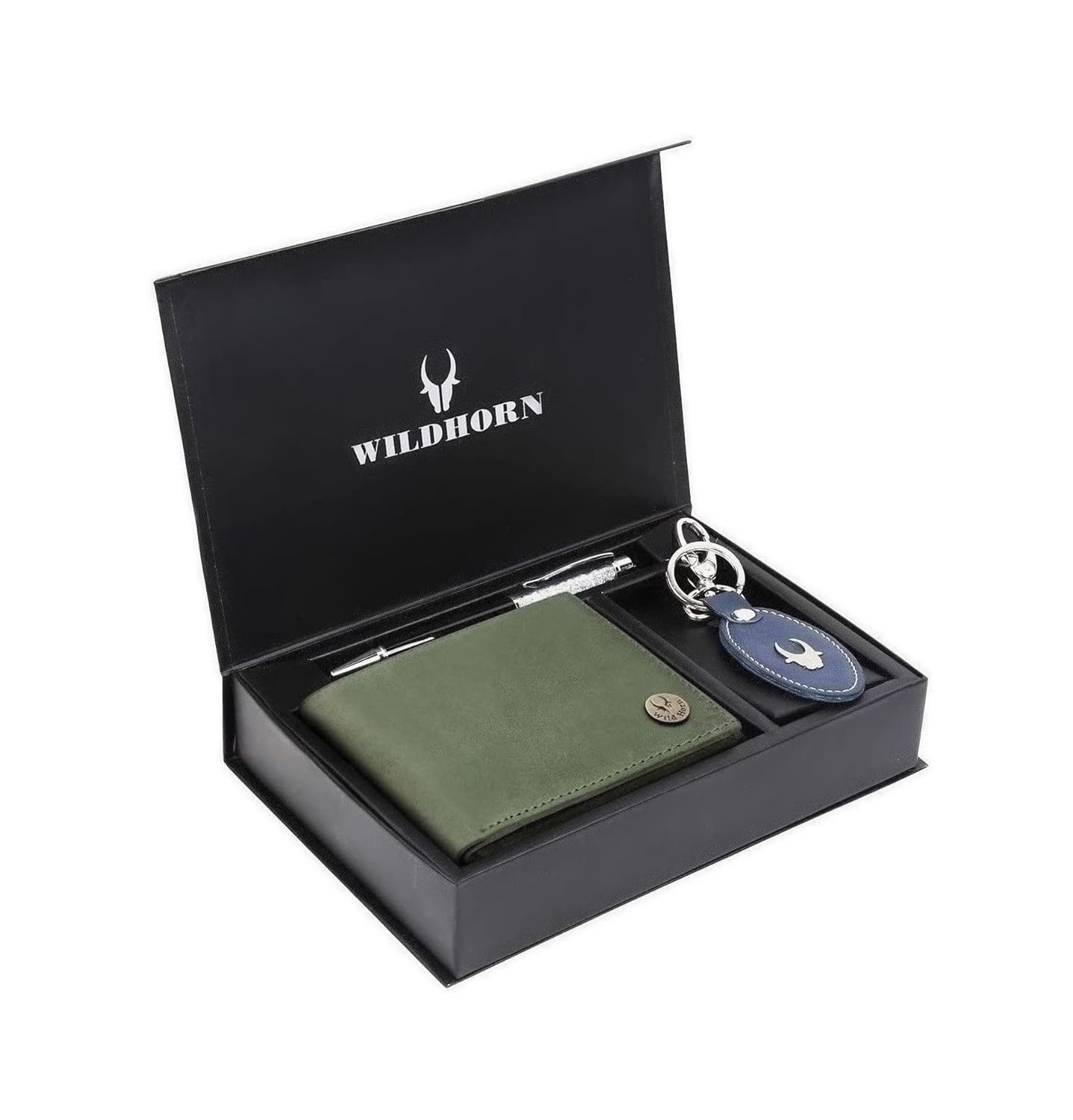 WildHorn Gift Hamper for Men I Leather Wallet, Keychain & Pen Combo Gift Set I Gift for Friend, Boyfriend,Husband,Father, Son etc (Green Hunter)