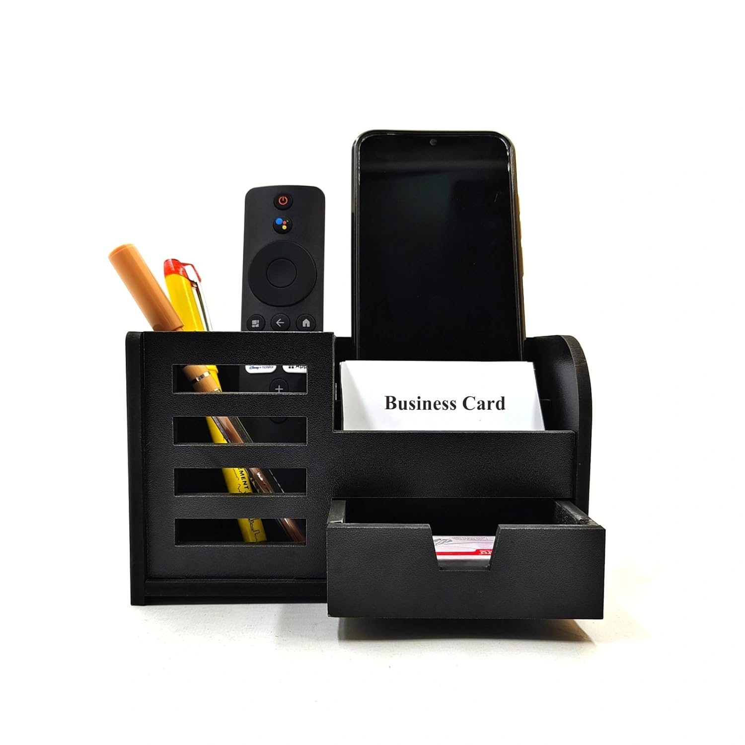 Woodkey Wooden Desk Organizer – Pen Stand with Drawers, Mobile & Card Holder | Multipurpose Office & Study Table Organizer for Pens, Pencils, Stationery & Desk Supplies 3 in 1 (Black)