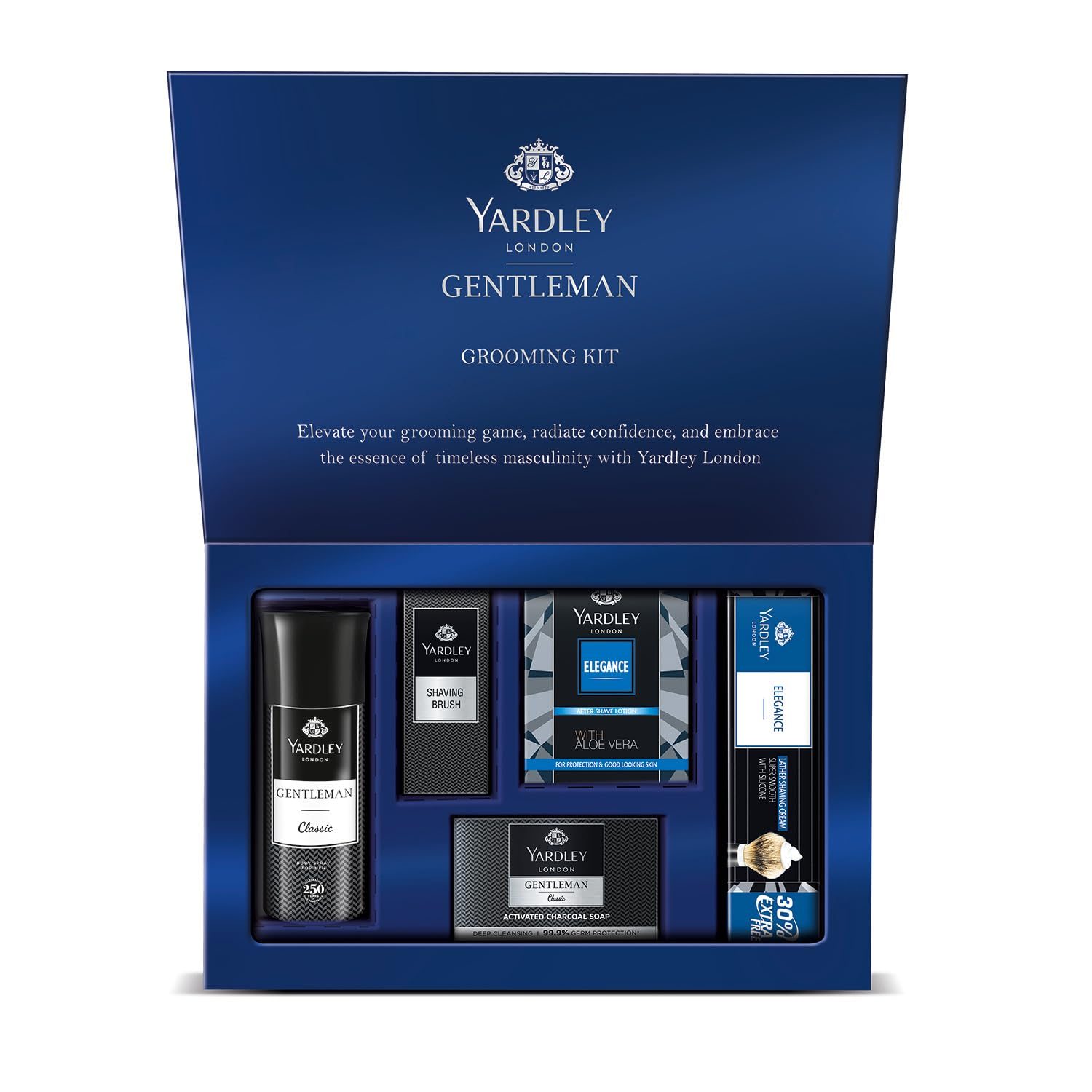 Yardley London Gentleman Luxury Grooming Kit For Men With Classic Activated Charcoal Soap, Elegance Lather Shaving Cream, After Shave Lotion, Shaving Brush, And Classic Body Deodorant Spray