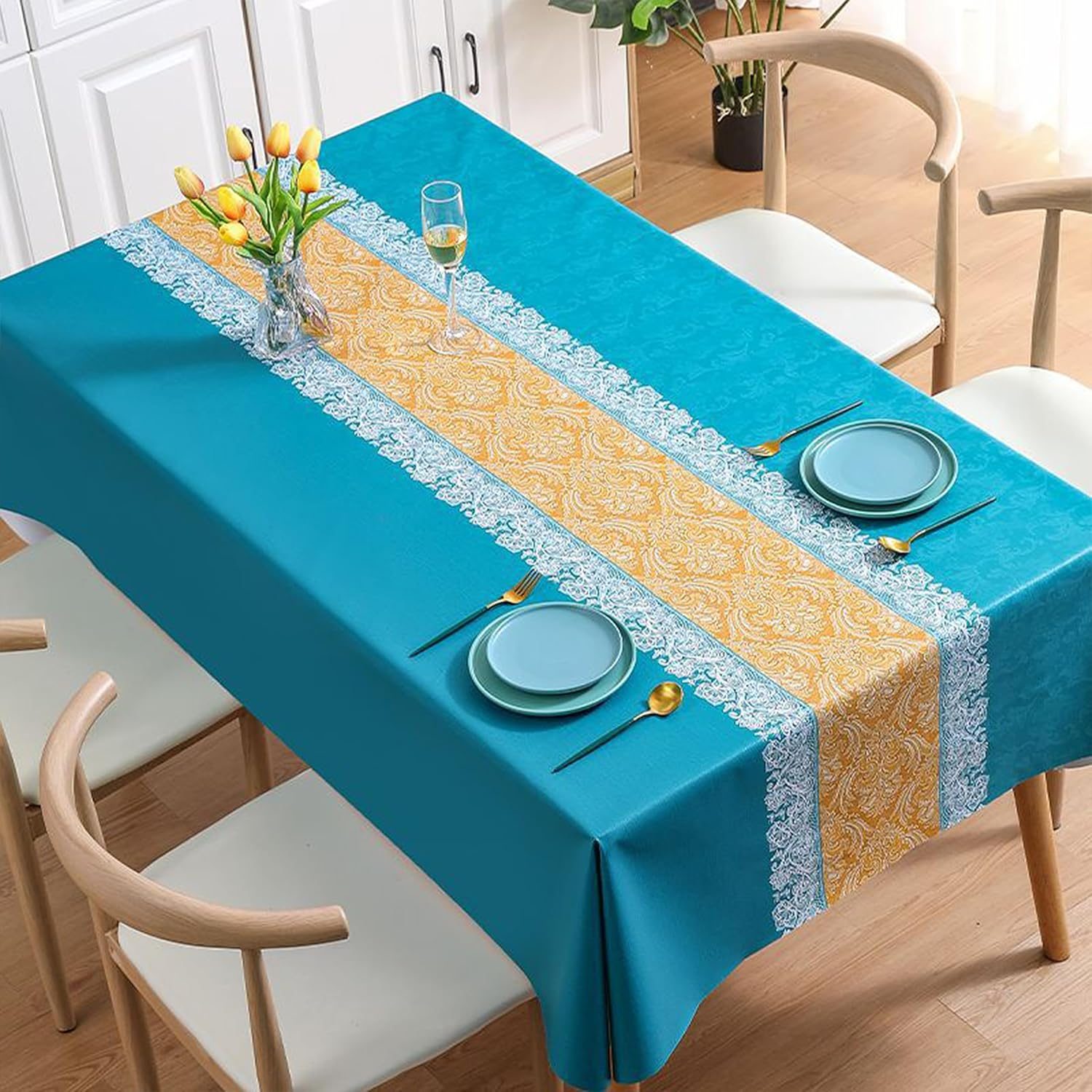 Yindella 4 to 6 Seaters PVC Dining Tablecloth Cover Waterproof Oil-Resistant Kitchen Rectangular Table Cloth with Clear Flower Printing Texture -140180 cm (55.170.9 inch) (Lace-Green)