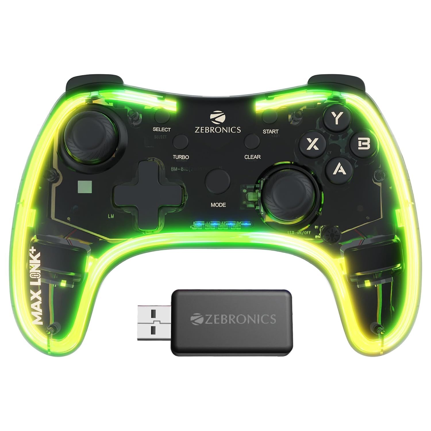 ZEBRONICS MAX LINK + Wireless Gamepad, Dual motors Haptic feedback, Built-in rechargeable battery, RGB light, Plug & play, Supports (Windows | Android | PS3 | PS4 | XBOX 360)