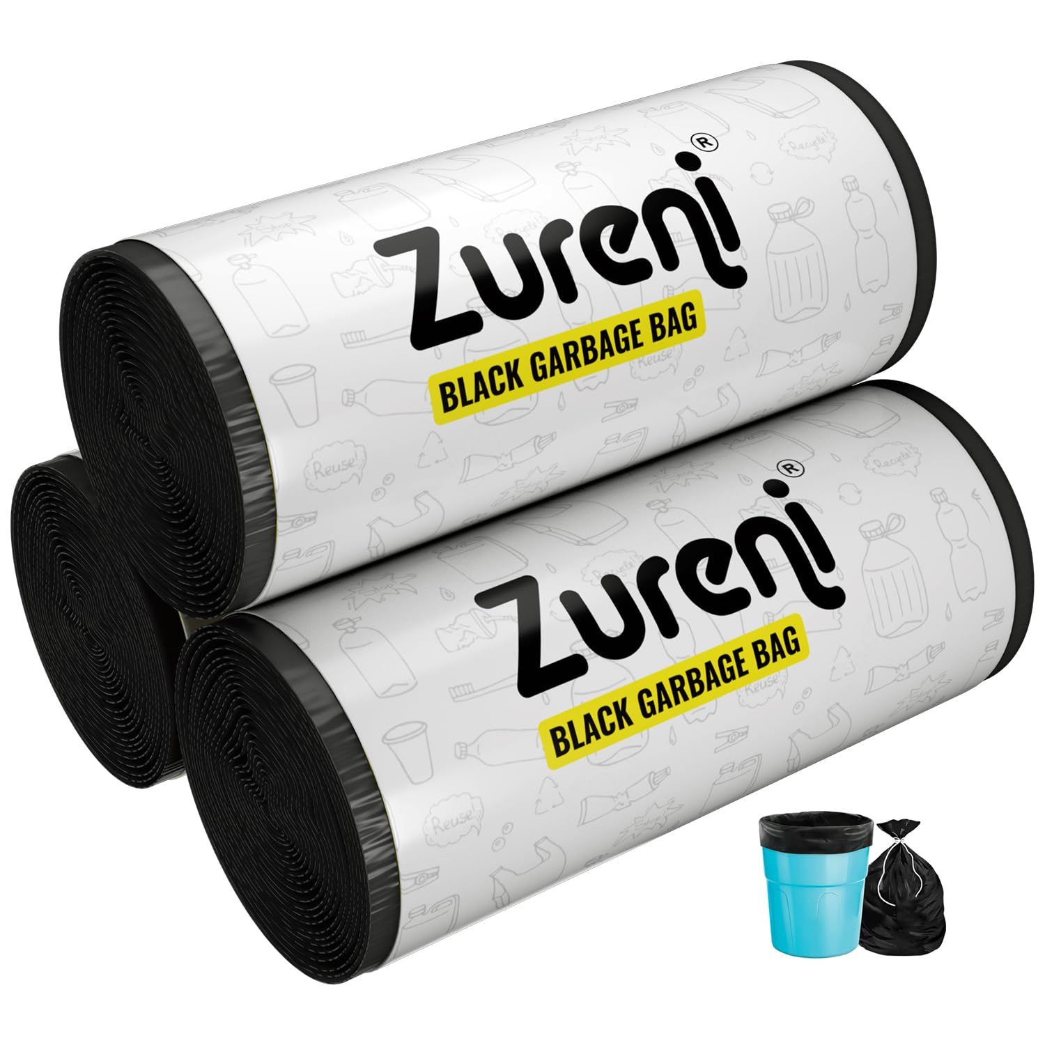Zureni Garbage Dustbin Bags (Medium, 48 x 53 cm or 19″ x 21″) Drawstring Anti-drip Trash Waste Basket Bag for Kitchen Office Warehouse Pantry (Black, 3 x 30 Pcs/Roll)