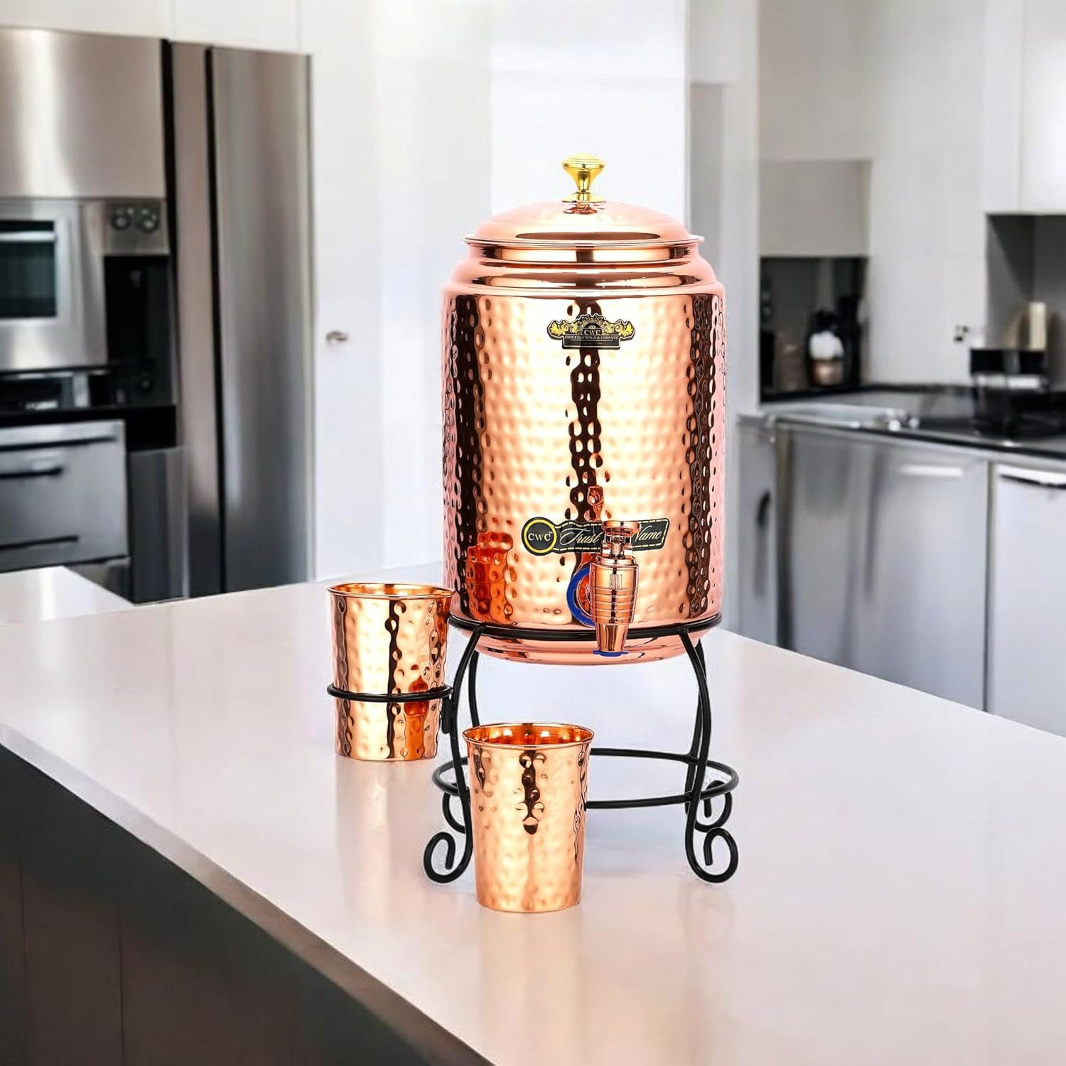 cWc CROCKERY WALA & COMPANY Copper Water Dispenser Set, 5 litres, with Stand, 2 Glasses and ABS Tap, Hammered Design (Hammered Natura)