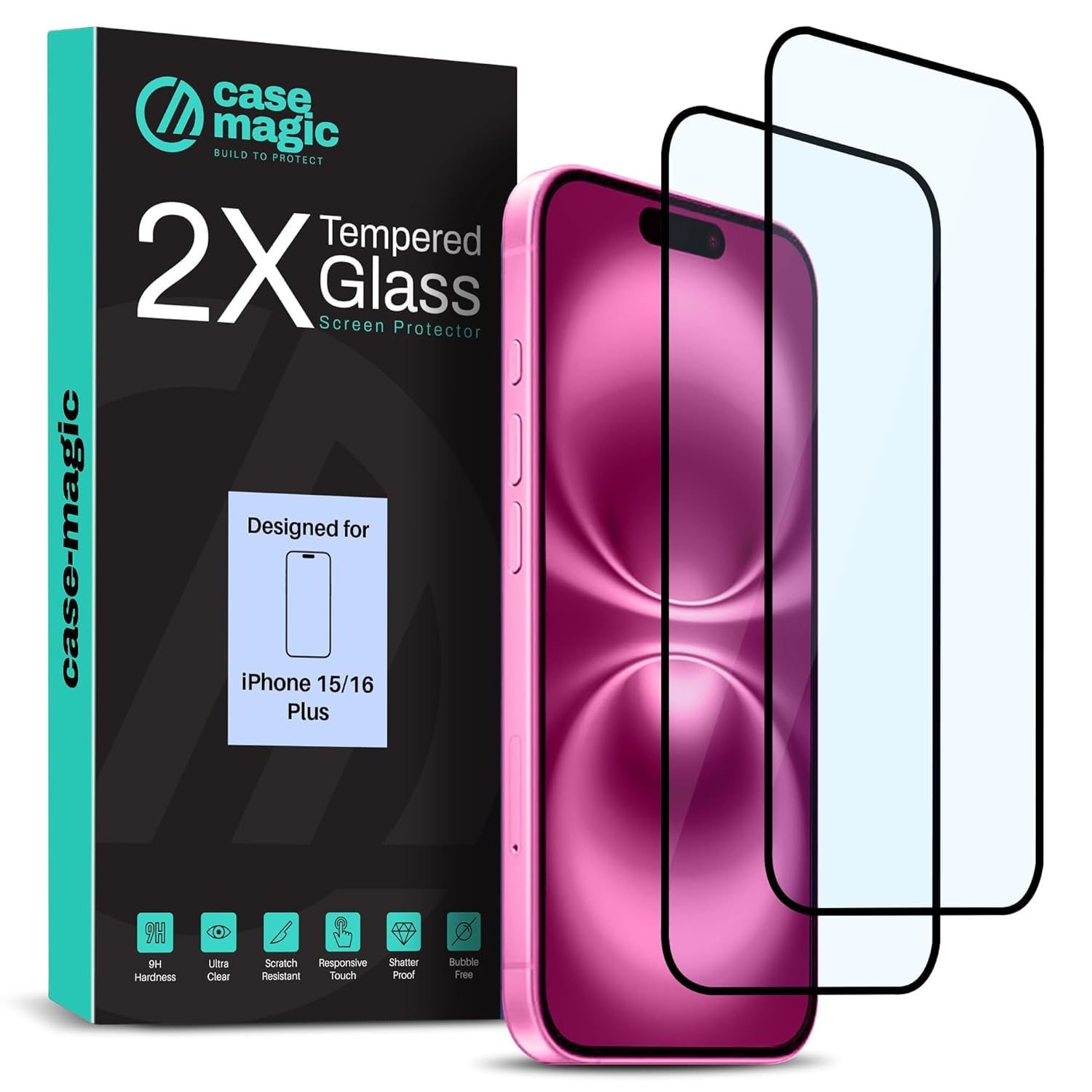 case-magic Pack of 2 Tempered Glass Screen Protector for iPhone 15 Plus / 16 Plus 9H hardness, Ultra Clear, Scratch Resistant, Responsive Touch, Shatter Proof, Bubble Free