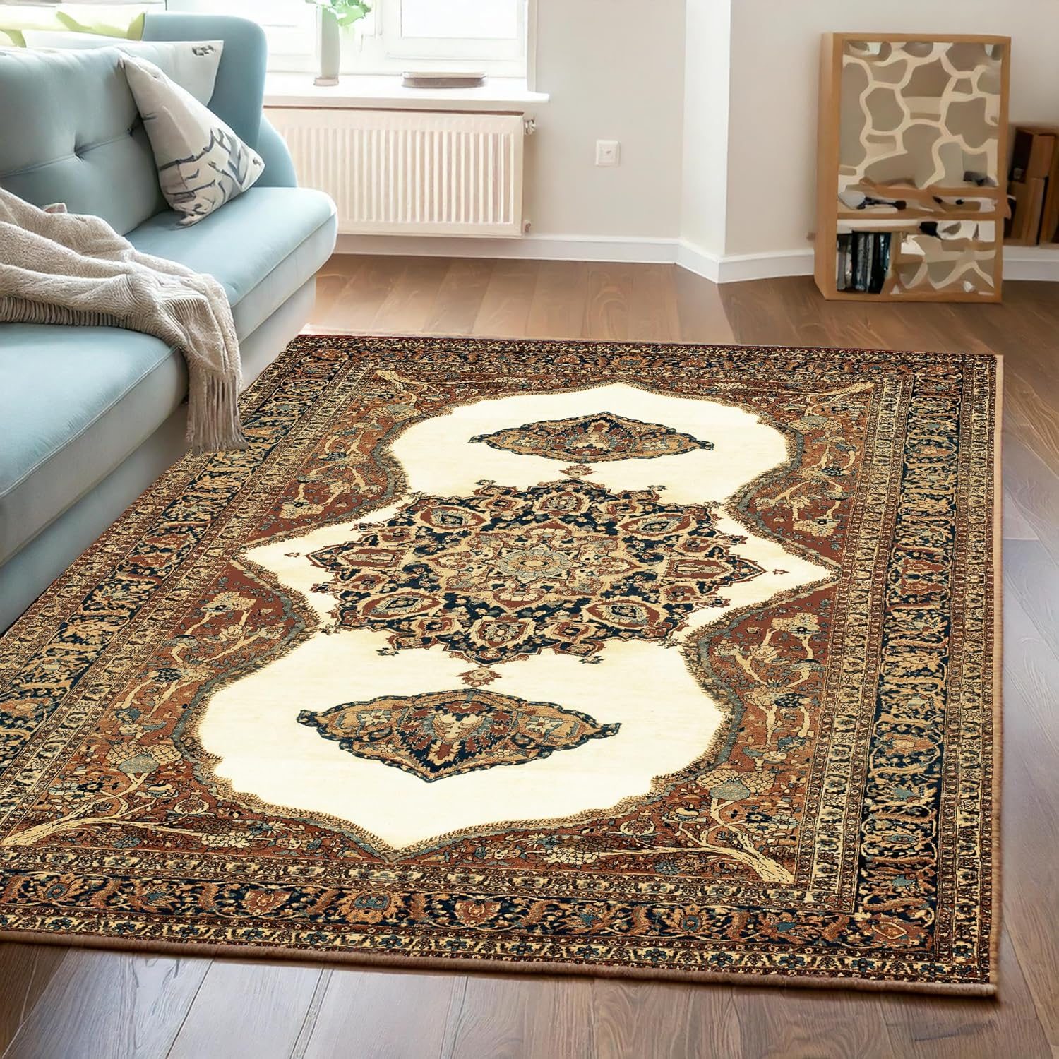 ishro home Premium Carpet for Hall, Bedroom, Living Room | Medallion Collectible Carpets | Anti Skid | Machine-Washable | Non-Shedding | Non- Fading | (3×5 Fts, Gul Farang)
