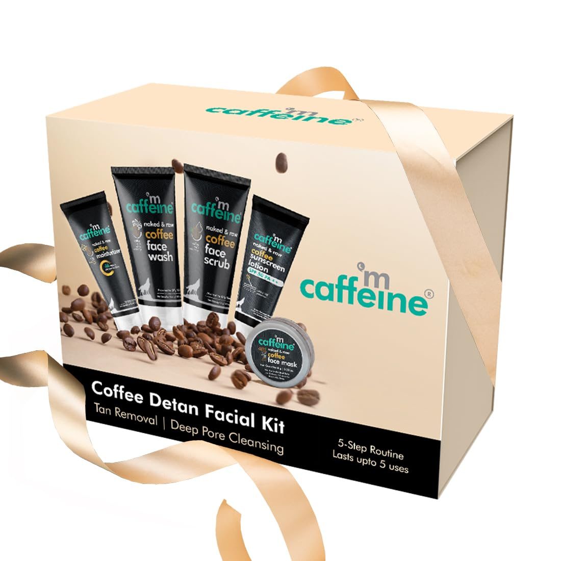 mCaffeine Coffee Detan Facial Travel Kit | Gift for Birthday and Anniversary | Value Pack of 5 Signature Face Care Products: Face Wash, Scrub, Mask, Moisturizer & Sunscreen for both Women and Men | Christmas Secret Santa Gift Set | Gifting Solution for All Occasions