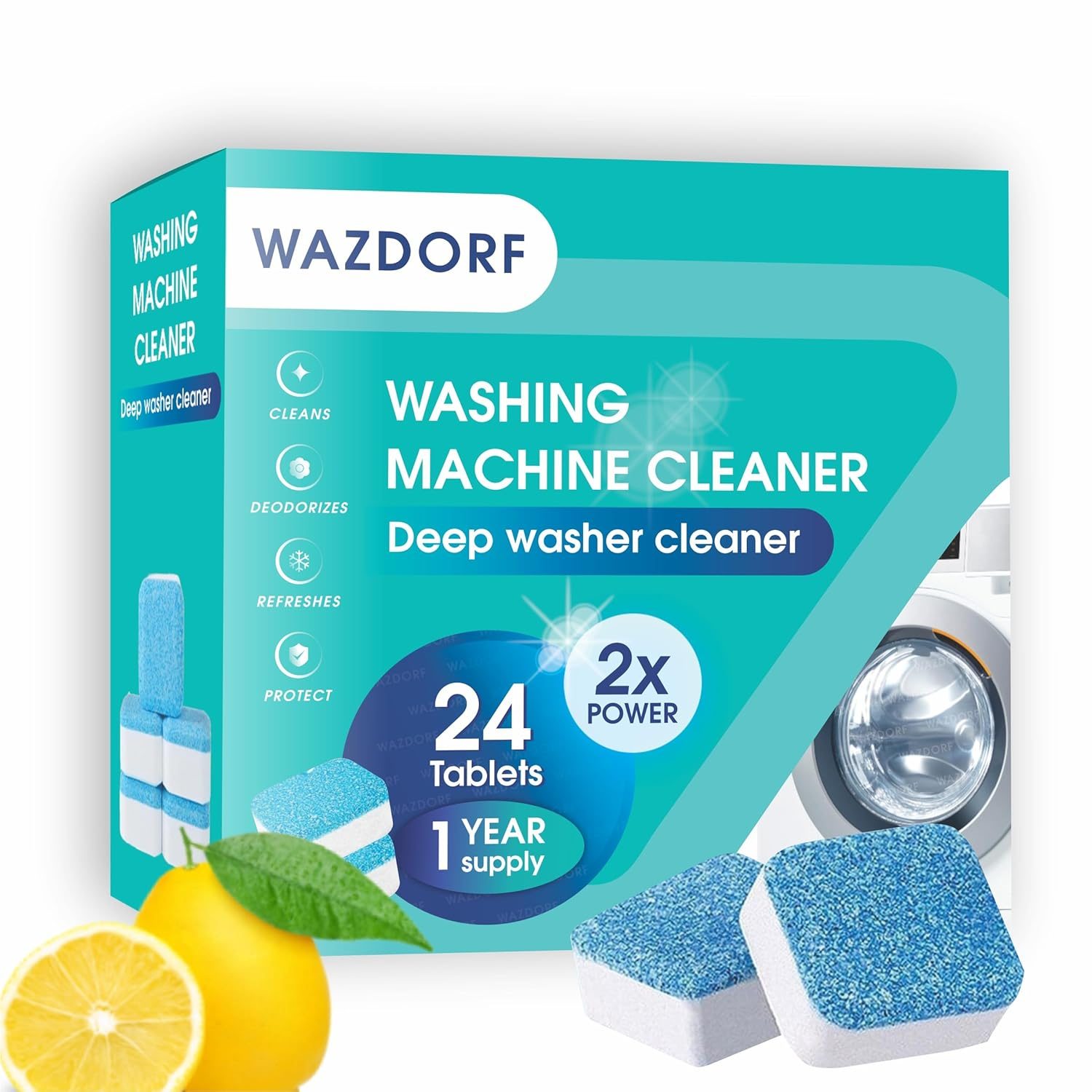 wazdorf Washing Machine Cleaner Tablets 24 Pack, Descaling Powder Tablets – Deep Cleaning Tablets For Front Loader & Top Load Washer, Clean Inside Drum And Laundry Tub Seal (24 PCS TABLET)